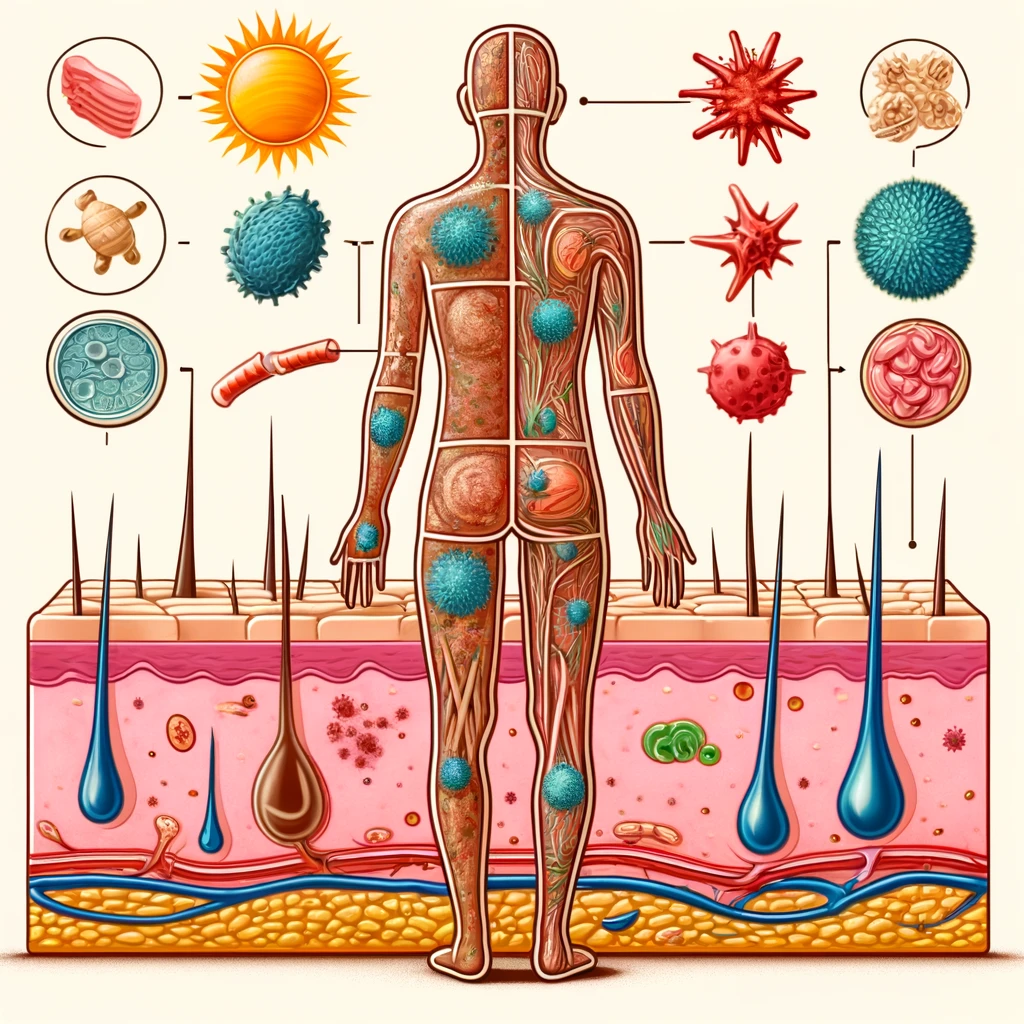ilustración detallada que muestre la función protectora de la piel. En el centro, una piel humana saludable se representa como una barrera protectora ilustración detallada que muestre la función protectora de la piel. En el centro, una piel humana saludable se representa como una barrera protectora