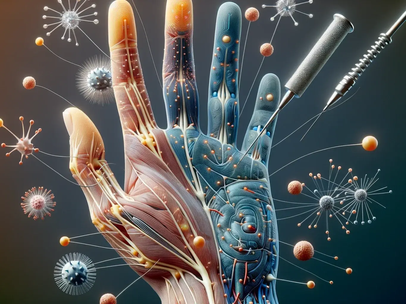 Imagen que representa la función de percepción sensorial de la piel. Muestra una mano humana con varios estímulos alrededor, como un cubo de hielo, una pluma y una aguja, destacando las diferentes sensaciones. Imagen que representa la función de percepción sensorial de la piel. Muestra una mano humana con varios estímulos alrededor, como un cubo de hielo, una pluma y una aguja, destacando las diferentes sensaciones.