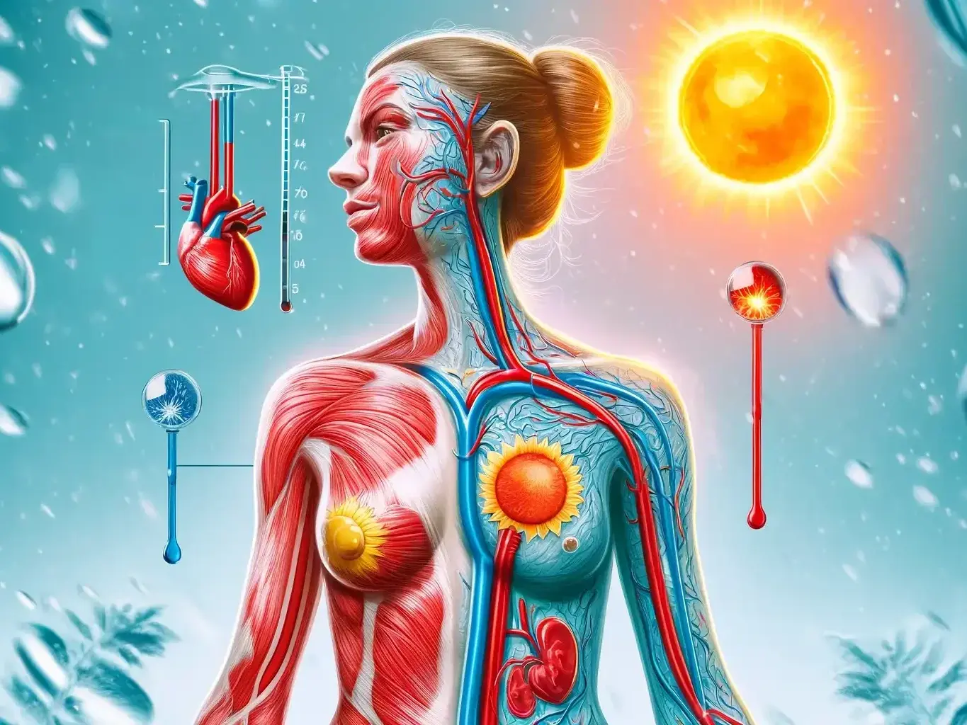 Ilustración que representa la función de regulación de la temperatura corporal de la piel. Muestra cómo la piel responde al calor y al frío con sudoración y contracción de los vasos sanguíneos, respectivamente Ilustración que representa la función de regulación de la temperatura corporal de la piel. Muestra cómo la piel responde al calor y al frío con sudoración y contracción de los vasos sanguíneos, respectivamente